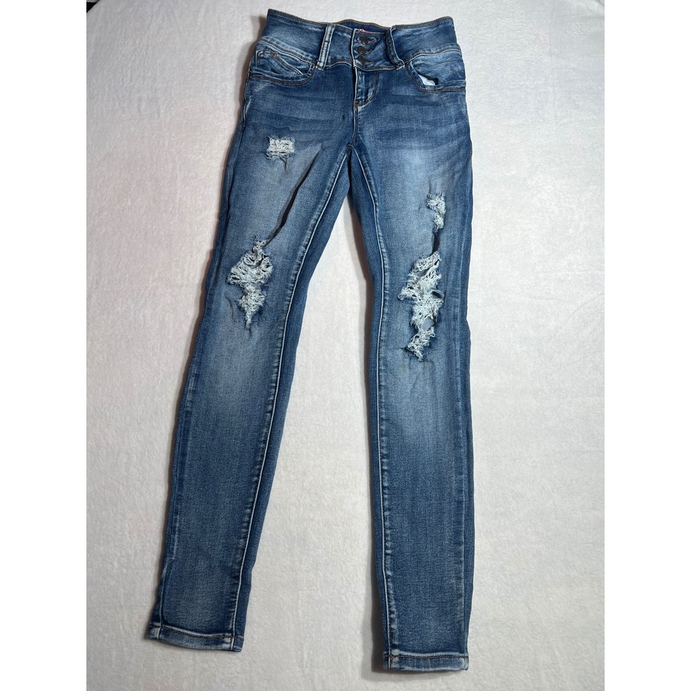 YMI WannaBettaButt Mid Rise Skinny Jeans Distressed Blue Denim Size 3/26 - Picture 2 of 7